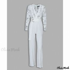 Olivia Mark - White Lace Long-Sleeve Jumpsuit Formal Long Sleeve Jumpsuits And Rompers For Spring, White Long Sleeve Bodysuit For Work, Elegant Formal Spring Bodysuit, White Jumpsuits And Rompers For Fall Party, White Fitted Bodysuit For Workwear, Summer Long Sleeve Bodysuit For Workwear, White Workwear Bodysuit, Elegant White Long Sleeve Jumpsuit, White Long Sleeve Jumpsuits For Night Out