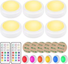 six different color changing leds with remote controls for the light bulb and other items