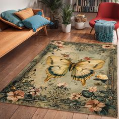 a large rug with a butterfly on it in a living room next to a red chair