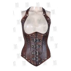 Rub Off Brown Genuine Leather Halter Neck Underbust Corset 3 Layers With Buckle Straps & Stainless Steel Busk Make A Bold Fashion Statement With This Rub Off Brown Genuine Leather Halter Neck Underbust Corset, Crafted From High-Quality Leather And Featuring Striking Buckle Straps And A Durable Stainless Steel Busk. Features: High-Quality Stainless Steel Front Busk: Ensures A Secure And Durable Closure While Adding A Sleek, Modern Touch To The Corset. Buckle Straps With Rivets: Adds An Edgy, Styl Fitted Brown Corset Belt For Festivals, Elegant Brown Corset, Brown Steampunk Corset Belt, Elegant Fitted Brown Corset Belt, Leather Steampunk Fitted Corset, Corset Vest, Leather Halter, Underbust Corset, Leather Corset