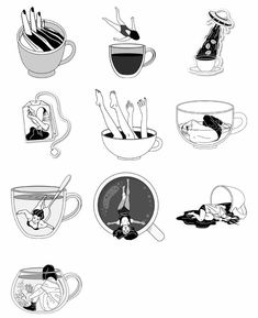 black and white illustration of coffee cups with spoons in them, on a white background