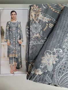 Gorgeous new design, trendy and perfect for weddings! Pakistani and Indian style. lovely grey colour  gorgeous thread embroidery, sequins and stonework material only so you may sew and tailor tk your own measurements Bollywood Style Gray Semi-stitched Traditional Wear, Eid Silver Salwar Kameez With Dabka Work, Silver Salwar Kameez With Resham Embroidery For Eid, Silver Resham Embroidered Salwar Kameez For Eid, Silver Semi-stitched Salwar Kameez For Eid, Silver Embellished Dresses For Eid, Silver Embroidered Dress For Eid, Silver Semi-stitched Dress With Dabka Work, Festive Unstitched Gray Kurta