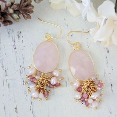 Pink Quartz, Tourmaline, Pearl and Morganite Earrings - Nicki Lynn Jewelry Elegant Wedding Earrings With Gemstone Beads, Elegant Gemstone Beads Dangle Earrings, Pink Gemstone Accented Earrings For Weddings, Pink Rose Quartz Earrings With Natural Stones, Elegant Dangle Earrings With Gemstone Beads, Pink Gemstone Earrings For Wedding, Pink Gemstone Wedding Earrings, Pink Wedding Earrings With Gemstone Accents, Elegant Gemstone Beads Earrings For Gift