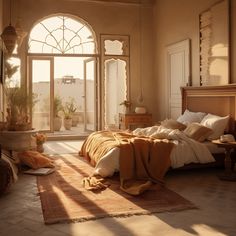 a bed sitting in a bedroom next to an open window on top of a rug