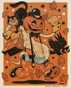 an orange halloween card with black cats and pumpkins on it, one cat is flying in the air