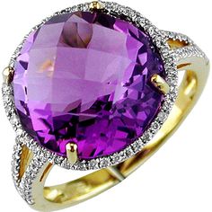 Royal 14K Yellow Gold Amethyst & Diamond Ring - 9.80 Carat Amethyst, 0.22 Carat Diamond Total Weight Exquisite Yellow Gold Amethyst Ring, 14k Gold Brilliant Cut Purple Amethyst Ring, Yellow Gold Amethyst Diamond Ring With Halo Setting, Exquisite Amethyst Ring With Gemstone Accents, Elegant Round Purple Gemstones, Purple Diamond Ring With Accents, Yellow Gold Amethyst Ring With Diamond, Formal Purple Round Diamond Ring, Yellow Gold Amethyst Ring With Brilliant Cut