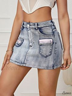 Eromis - Womens Blue Low-Waist Denim Shorts in Slim Fit Y2K Style - Chic Denim Skort for Fashionable Apparel Y2k Light Wash Bottoms With Pockets, Y2k Denim Blue Jean Shorts With Pockets, Pink Denim Bottoms With Pockets, Y2k High Waist Denim Bottoms, Y2k Pink Denim Bottoms, Pink Y2k Denim Bottoms, High Waist Pink Denim Bottoms, High-waist Pink Denim Bottoms, Light Wash Short Denim Skirt With Pockets