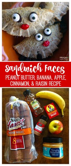 sandwich faces made with peanut butter, banana, apple and cinnamon & raisin recipe