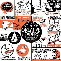 an orange and black poster with words on it that read creative leaders, creativity, and resilination