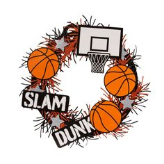 a wreath with basketballs and slam dunks written on the front in silver stars