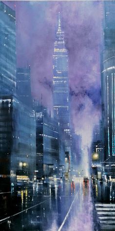 a painting of a city at night with skyscrapers lit up and fog rolling in the air