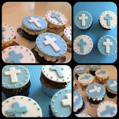 cupcakes decorated with blue and white frosting are arranged in the shape of crosses