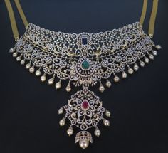 Dazzling  6-in-1 18K Gold Diamond Choker Necklace with interchangeable Color Stones  & Pearls
  This item comes with 3 interchangeable color stones - Red, Blue & Green colored stones  - 1-BG-DN-SET05949 - in 148.730 Grams for USD $19544.25. 
Made in India by Totaram Jewelers Online this product is in Gold - 18 Karat Gold  & is an excellent gift for Adult - Women. Ships fully insured with secured guaranteed delivery for free with your order over $250 from New Jersey USA & comes wi Multicolor Diamond Accented Jewelry For Anniversary, Multicolor Diamond Accents Jewelry For Anniversary, Multicolor Diamond Jewelry For Weddings, Multicolor Diamond Wedding Jewelry, Dazzling Diamond Jeweled Jewelry, Yellow Gold Wedding Choker Jewelry, Luxury Diamond White Jeweled Diamond Jewelry, Multicolor Diamond Accented Jewelry For Weddings, Multicolor Diamond Accented Wedding Jewelry