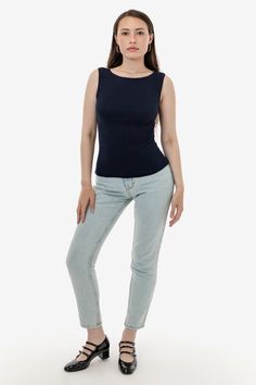 Versatile Fitted Crew Neck Tank Top, Casual Slim Fit Blue Top, Chic Solid Color Tank Top With Scoop Back, Chic Everyday Tops With Scoop Back, Blue Fitted Top For Summer, Chic Blue Everyday Tank Top, Chic Blue Tank Top For Everyday, Chic Stretch Tops With Scoop Back, Elegant Scoop Back Top For Spring