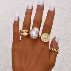 Zinc Alloy Approx Measurements 1.8 Cm= 7.3 Ring Size | 1.9 = Size 9 Ring #Cocktailring #Ringset #Rings #Stockingstuffer #Sets Accessory Inspo, Gold Heart Ring, Gold Pearl Ring, Professional Style, Retro Ring, Pearl Decor, Gold Rings Fashion, Vintage Sterling Silver Rings, Dope Jewelry