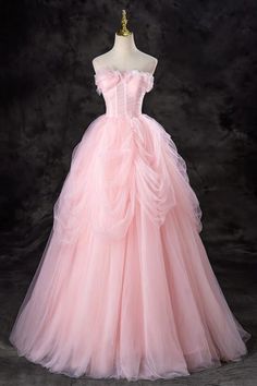 Step into a dream with this Fairytale Pink Tulle Ball Gown. This enchanting dress features a romantic off-shoulder neckline adorned with delicate ruffles, creating a whimsical and ethereal look. The fitted bodice is designed with a corset-like structure, providing both support and a flattering silhouette, making you feel like a princess.The voluminous skirt is crafted from layers of soft pink tulle that cascade gracefully to the floor, adding a sense of movement and elegance to your every step. Gorgeous Pink Dresses, Sweet Sixteen Dresses Long Princesses, Long Poofy Dresses, Pink Dress For Sweet 16, Pink Sweet Sixteen Dress, Hot Pink Puffy Dress, Pink Prom Dresses Poofy, Pink Angel Outfit, Sweet 16 Big Dresses