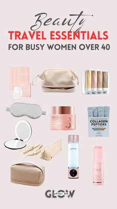 the beauty travel essentials for busy women over 40 are on display in this ad