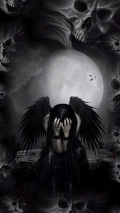 a woman with black hair and wings covering her face in front of skulls on the ground