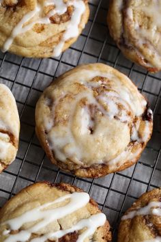 cinnamon roll cookies with icing on a cooling rack