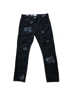 Custom one of one size- 32w x 32l straight fit black denim black denim jeans with distressed holes with sewn repairs black and white detailing Black Ripped Cotton Jeans, Urban Black Ripped Jeans, Black Ripped Jeans For Streetwear, Black Patch, Denim Patches, Black Denim Jeans, Logo Graphic, Black Denim, Mens Jeans