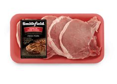 pork chops are shown on a red tray with an ad for smithfield's