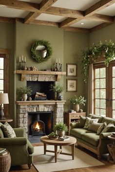 a living room filled with furniture and a fire place in the middle of a room