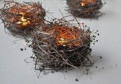 three birds nests with lit candles in them