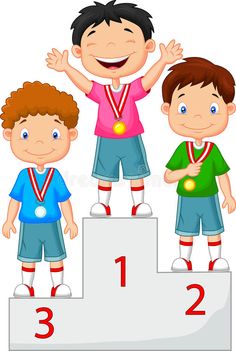 three kids standing on top of a podium with their hands in the air and medals around them