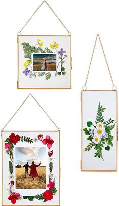 three hanging frames with flowers and leaves on them