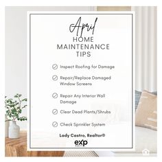 a white poster with the words appli home maintenance tips in black lettering on it