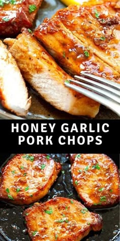 honey garlic pork chops in a skillet with lemon wedges