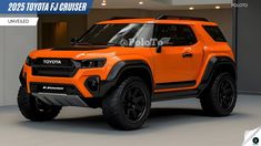 an orange toyota fj cruiser parked in a garage