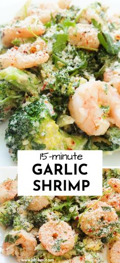 this is an image of garlic shrimp and broccoli on a white plate with the title overlay