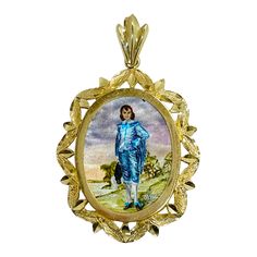 14 Karat Yellow Gold 'Blue Boy' Hand Painted Mother of Pearl Pendant. Absolutely lovely recreated Thomas Gainsborough's 'Blue Boy' painting. The miniature painting is set in a 14 karat gold ornate oval frame with diamond-cut details. The painting is signed by the master artist, Tak-Wayne T. and includes a coordinating bail. The pendant measures 44.5mm high (including bail) x 28mm wide. Marked with a sticker on the back on each pendant is "An Authentic Hand Painting 1977 Polynesian Artifacts". St Blue Boy Painting, Ornate Oval Frame, Boy Painting, Thomas Gainsborough, Mother Of Pearl Pendant, Blue Boy, Art Pendant, Oval Frame, Mother Pearl