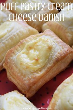 puff pastry cream cheese danish on a red plate with the words puff pastry cream cheese danish