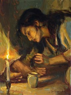 a painting of a woman lighting a candle