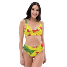 It’s too easy to fall in love with this watermelon bikini set. Removable pads and its double-layer make it comfy to wear all day by the pool or at the beach.• Fabric composition in the EU: 88% recycled polyester, 12% elastane• Fabric weight in the EU (may vary by 5%): 6.78 oz/yd² (230 g/m²)• Fabric composition in MX: 81% REPREVE recycled polyester, 19% LYCRA XTRALIFE • Fabric weight in MX (may vary by 5%): 7.52 oz/yd² (255g/m²)• Double-layered and non-reversible• Removable padding• Tear-away care label• Zig-zag stitchingThis product is made especially for you as soon as you place an order, which is why it takes us a bit longer to deliver it to you. Making products on demand instead of in bulk helps reduce overproduction, so thank you for making thoughtful purchasing decisions! Size guide C Green Swimwear For Summer Beach Activities, Playful Green Swimwear For Summer Activities, Tropical Swimwear For Summer Activities, Fun Green Swimwear For Pool, Fun Red Swimwear For Pool, Fun Green Swimwear For Vacation, Red Fun Swimwear For Pool, Fun Red Swimwear For The Beach, Fruit Print Beachwear Swimwear For Beach Season