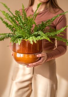 a woman holding a potted plant in her hands