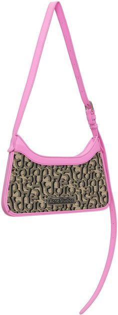 Nylon-blend damask shoulder bag in beige and pink. · Jacquard logo pattern and calfskin trim throughout · Adjustable shoulder strap · Antiqued silver-tone logo plaque at face · Accordion panel at sides · Detachable mirror at back face · Card slot at back face · Zip closure · Card slot at interior · Buffed faux-leather lining · H5.5 x W12 x D1 Supplier color: Beige/Pink Monogram Canvas Shoulder Bag With Logo, Trendy Monogram Canvas Shoulder Bag, Designer Beige Shoulder Bag With Embroidered Logo, Designer Pink Coated Canvas Shoulder Bag, Pink Designer Coated Canvas Shoulder Bag, Monogram Canvas Bag With Logo, Daily Monogram Print Shoulder Bag In Coated Canvas, Designer Shoulder Bag With Embroidered Logo, Designer Pink Shoulder Bag With Logo