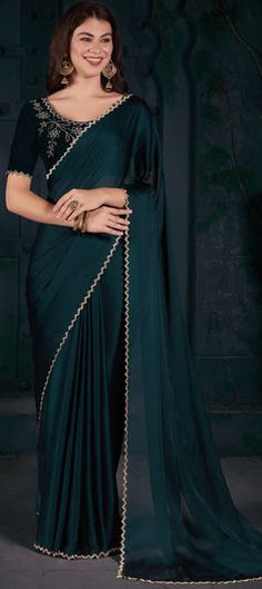 Blue color Saree in Chiffon fabric with Zircon work Teal Blue Saree, Blue Chiffon Saree, Teal Blue Blouse, Blue Color Saree, Embellished Saree, Reception Saree, Blue Silk Saree, Simple Saree Designs, Teal Green Color