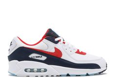 Air Max 90 'USA Denim' - Nike - DJ5170 100 - white/chile red/midnight navy | Flight Club Air Max 90 Red, Orange Sweater Outfit, White Chile, Capsule Wardrobe 2022, Nike Air Max 90 Mens, Nike Air Max 90s, Nike Air Max Sneakers, Air Max 90s, Max Love