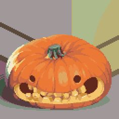 a pixel art pumpkin with its mouth open