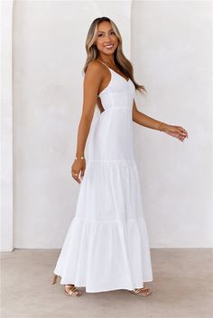 Length from bust to hem of size S: 125cm. 
 Chest: 35cm, Waist: 30cm, across front only of size S. 
 Maxi dress. 
 Lined. 
 Model is a standard XS and is wearing size XS. 
 True to size. 
 Non-stretch. 
 Embroidered fabrication. 
 Elastic back. 
 Tie-up back. 
 Slip on. 
 Cold hand wash only. 
 Main: Cotton Lining: Polyester/Spandex. 
 
 
 
 
 
 
 
 
 Please Note: This product is a Exclusive.  
 
 
 
 
 
 
 
 
 
 Enter your dreamiest era yet with the It's Warming Up Maxi Dress. Featuring a gorge Long White Dress Outfit, White Dress Outfit, Maxi Dress White, White Long Sleeve Dress, Beachy Waves, Long White Dress, Flowy Maxi Dress, Warming Up, Skirt Style