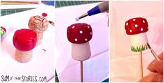 three different pictures of marshmallows and mushrooms on toothpicks with glue