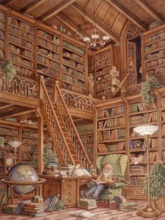 a drawing of a room with bookshelves and stairs