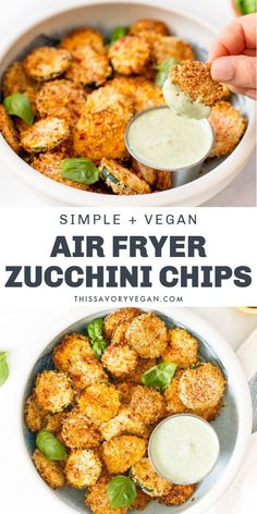 air fryer zucchini chips in a bowl with dipping sauce on the side