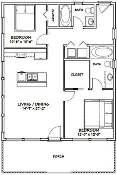 the floor plan for a two bedroom apartment with an attached kitchen and living room area