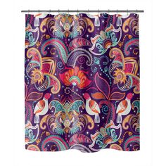 a colorful shower curtain with an ornate design on the front and back side, hanging from a metal rod