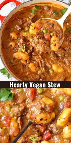 two pictures showing different types of food in the same bowl and one with meaty vegan stew