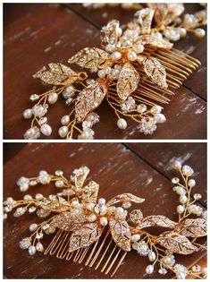 two pictures of the same hair comb, one with pearls and leaves on it's side